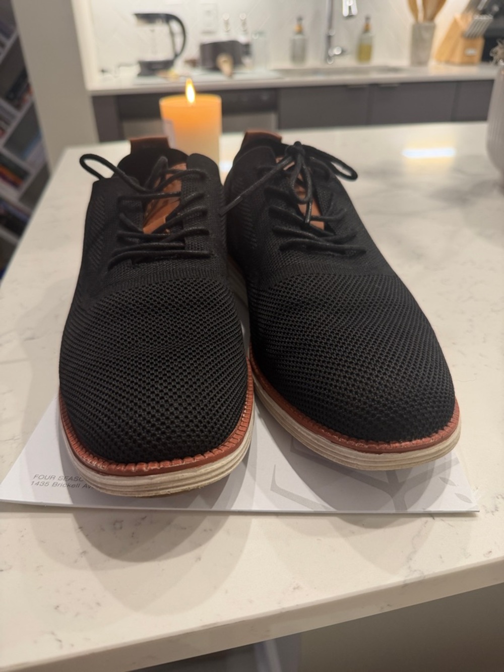 Men's Black Knit Lace-Up Shoes with Brown Trim